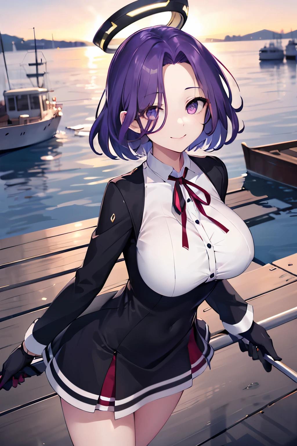 masterpiece, best quality, highres, mechanical halo, (big_breasts:1.2), black dress, neck ribbon, long sleeves, black gloves, outdoors, cowboy shot, standing, holding weapon, polearm,smile,,harbor_town_landscape,purple_halfeyes,(scornful eyes:1.4)