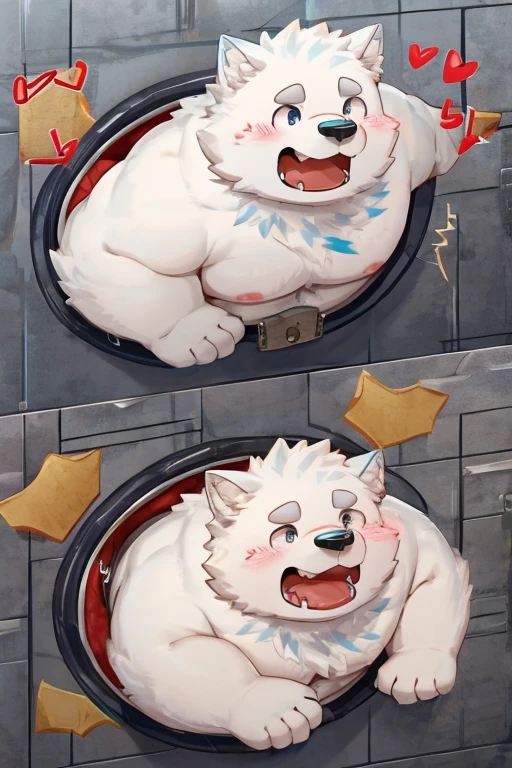 Gained weight、Being overweight、Dog Beast Man、fur、Fluffy、cute、blush、、、Drooling、saliva、tears、（（naked）））（（stuck in wall,  anus, is, through wall, stuck, body less, no body, picture in a frame））