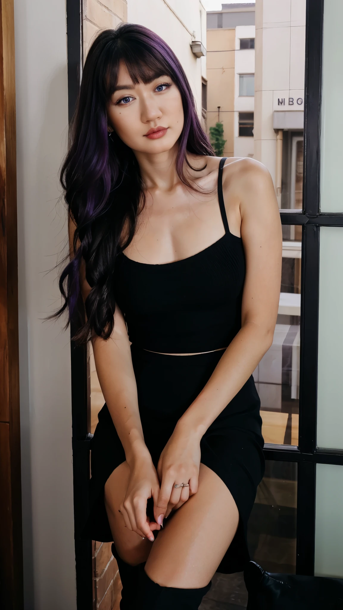 Masterpiece, Ultra-detailed hair, better lighting, better shade, Raiden general,1girll, Raiden Shogun, Breasts, Skirt, Purple hair, Solo, Long hair, Large breasts, Purple eyes, Braid, view the viewer, braidedponytail, hair adornments, Sleeveless, hair flower, Black skirt, shirt, Indoors, flower, , bangs, Bare shoulders, window, Thighs, Moles under eyes, purple evening dress,black long boots