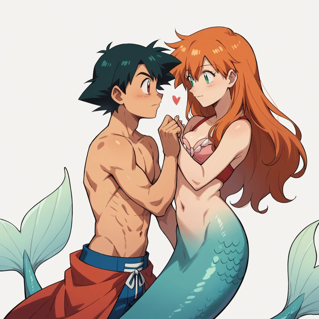 1boy, ash ketchum, black hair, brown eyes, hair between eyes, shirtless, male swimwear, handsome boy, macho, good looking boy 1girl, misty pokemon, orange hair, long hair, hair down, green eyes, mermaid costume, seashell bra, mermaid tail, putting her hand on his chest photograph of a 18 years couple, they're showing off their love and affection for each other, they're caressing, looking at each other, a lot of hearts around them, they're underwater in the sea