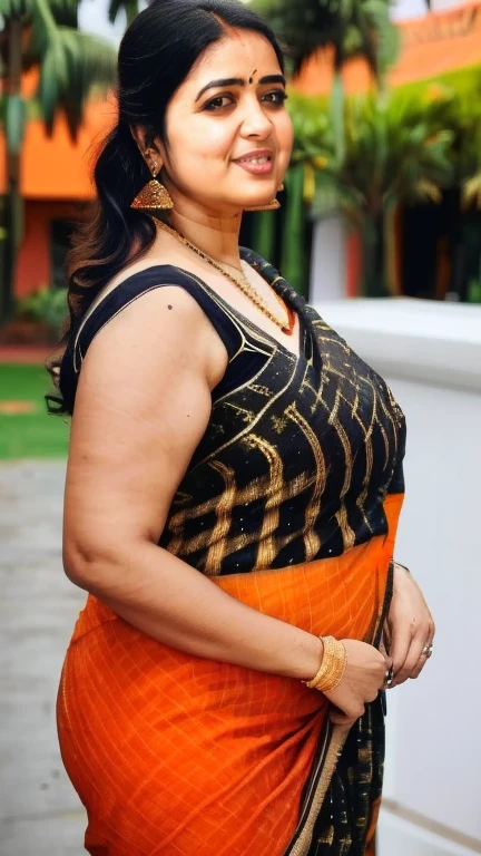 Full body pic of mature,sexy meena, sexy milf, hot curves, chubby, cute face,outside,45yo, wearing   sleeveless orange saree black blouse,(cinematic:1.3), intricate details, (ArtStation:1.2),detailed face, 4k, UHD,beautiful eyes, realistic skin texture,hairs tied up,Sexy curves ,milf figure, Beauty, gorgeous,side view