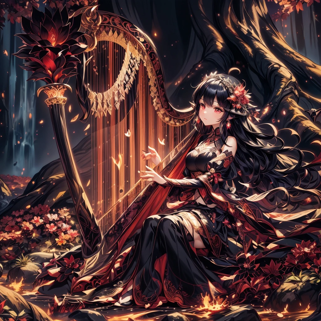 This image depicts a chibi-style character with striking black hair and intricate, sheer crimson attire that drapes elegantly around them. The character is levitating, holding a delicate Edo kiriko glass in one hand, featuring ornate patterns that catch the light. The background is filled with swirling star motifs and embellished with golden ornamental designs, creating a mystical and enchanting atmosphere. Overall, the scene radiates a sense of fantasy and captivating beauty, emphasizing the character's otherworldly charm.