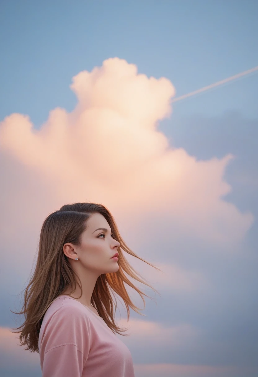 score_9, score_8_up, score_7_up, score_6_up, score_5_up, score_4_up, rating_safe, a woman standing still, her hair blowing in the breeze, summer sky, clouds, sunny day, RAW photo,