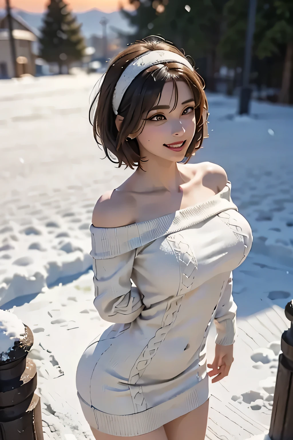 Isabela Merced, smiling, (big breasts), bob_cut hair, cleavage, black snow outfit, (full bodyshot), shuffeling snow, (skin texture:1.1) , (high detail face:1.1), high detail body, high detail clothes), (realistic), ultra high definition, 4k, ultra high resolution