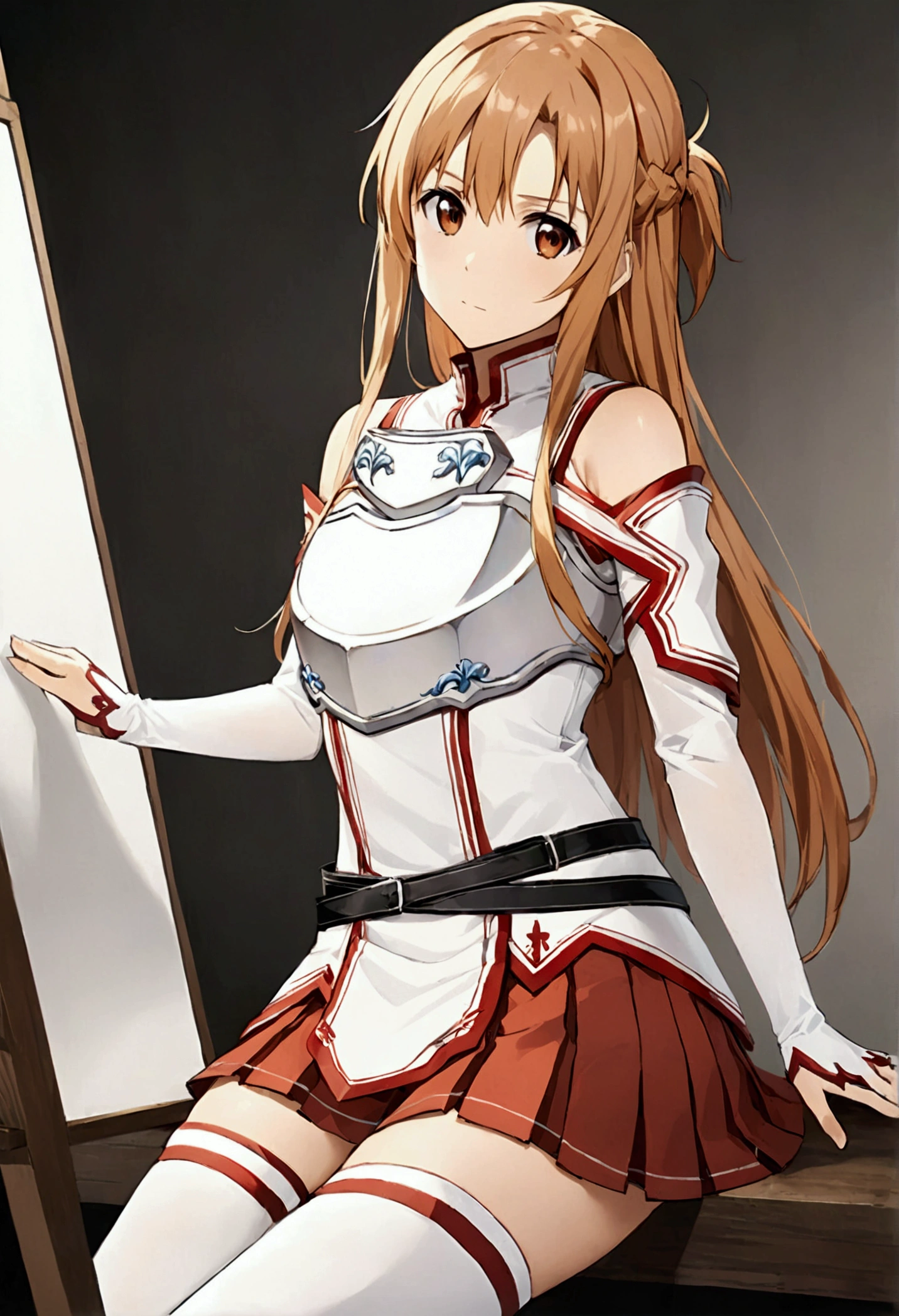 Yuuki Asuna, Yuuki Asuna SAO costume、White Armor、White breastplate、Red pleated skirt、White isolated sleeve、Bare shoulders、White thigh high socks best quality、unity 8k wallpaper、32K、Very detailed、Ultra-high resolution、Very detailedな顔、RAW Photos、professional、Ultra-fine painting, Anime Art