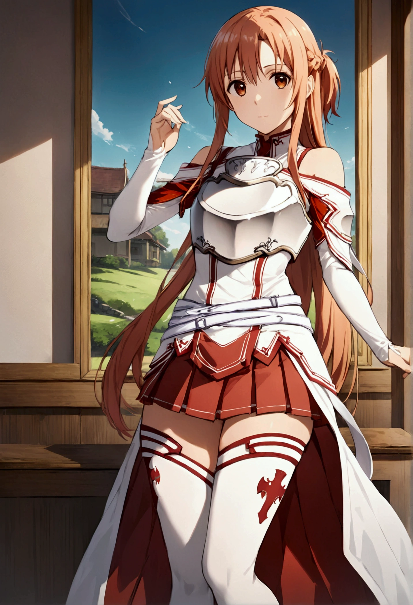 Yuuki Asuna, Yuuki Asuna SAO costume、White Armor、White breastplate、Red pleated skirt、White isolated sleeve、Bare shoulders、White thigh high socks best quality、unity 8k wallpaper、32K、Very detailed、Ultra-high resolution、Very detailedな顔、RAW Photos、professional、Ultra-fine painting, Anime Art