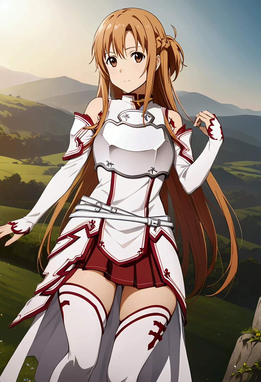 Yuuki Asuna, Yuuki Asuna SAO costume、White Armor、White breastplate、Red pleated skirt、White isolated sleeve、Bare shoulders、White thigh high socks best quality、unity 8k wallpaper、32K、Very detailed、Ultra-high resolution、Very detailedな顔、RAW Photos、professional、Ultra-fine painting, Anime Art