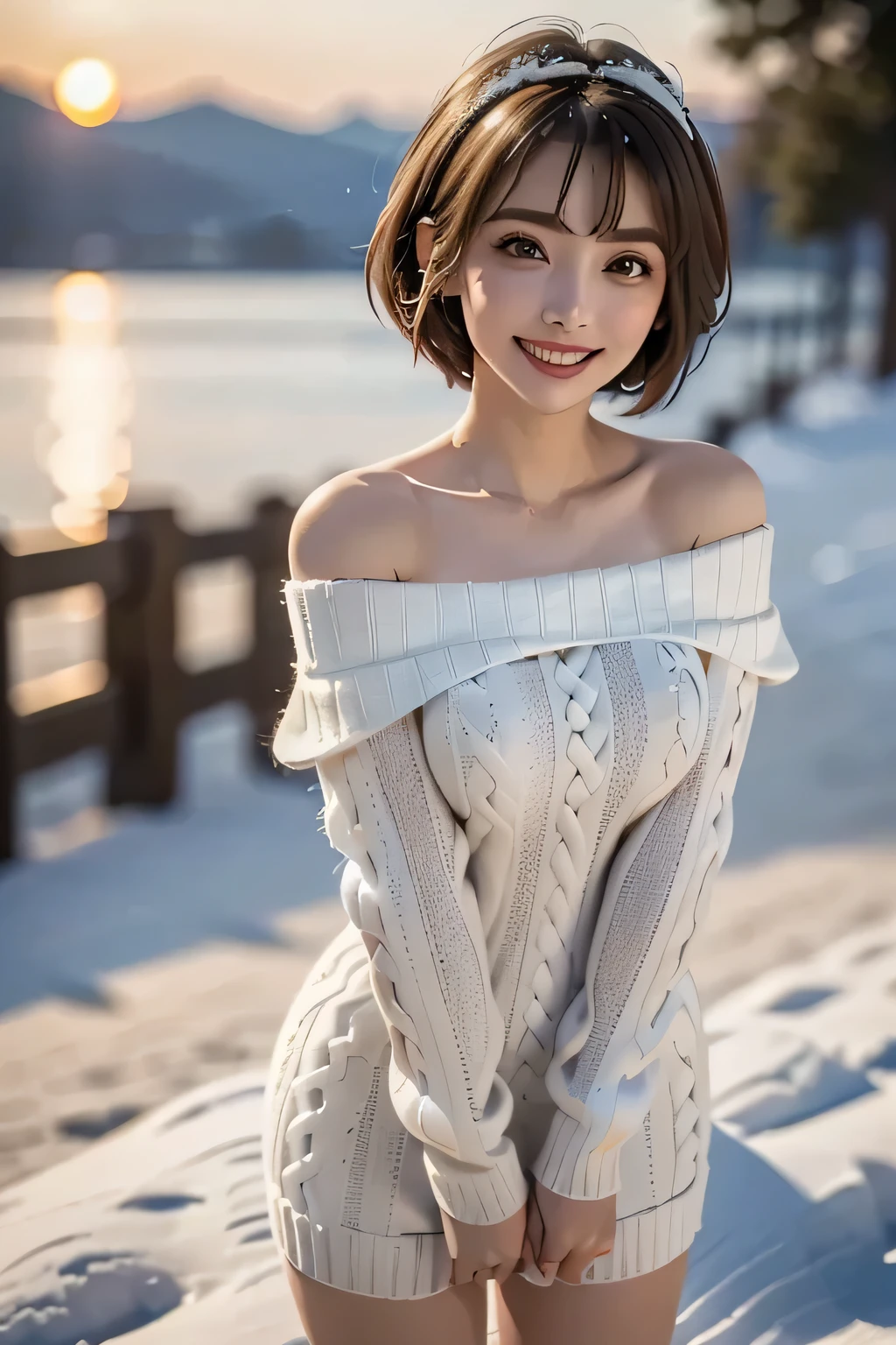 (The contrast of light and shadow、It makes the subject appear three-dimensional),(((Sunset background))),(((Standing on a snowy mountain in winter:1.3))),1 Beauty,4,Detailed face,double eyelid,Long eyelashes,Grin,Beautiful teeth alignment,blush,Red lips,(((Off-white off-the-shoulder knit jumper dress:1.3))),Black Stockings,Knee-high boots,(Floral knit headband,Pixie Cut),Hair Accessories,(((Accentuate your bust:1.3))),Detailed characteristics of the clothing item,Detailed characteristics of hair,Features of the detailed face,(Dynamic Angle),(Dynamic and sexy pose),Professional Lighting,Cinematic Light,(masterpiece,Best Quality,Ultra-high resolution,Realistic) ,(8K quality,Written boundary depth,Anatomically correct facial structure,),(3D Real Photo:1.3)