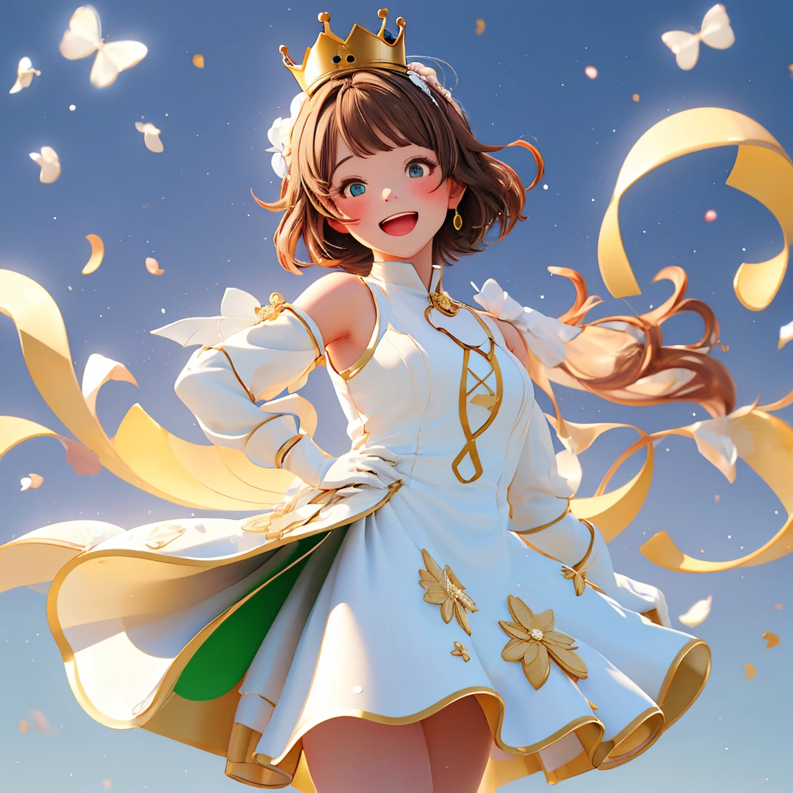 masterpiece, Best Quality, High resolution, Sakura Kinomoto, One Girl, Brown Hair, short hair, Antenna Hair, Ahoge, Crown, Green Eyes, White Dress, Sleeveless, White gloves,Retention Staff, smile, Open your mouth, Cowboy Shot, blue sky,White patent leather dress,Gold border,Golden Pattern,Bright,Shiny material,