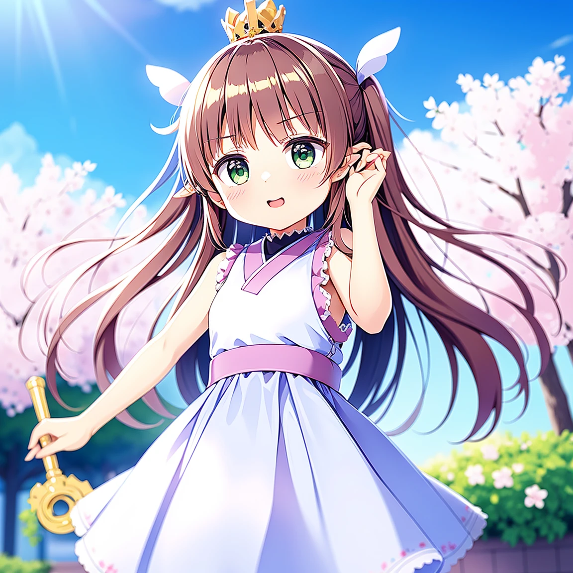 masterpiece, Best Quality, High resolution, Sakura Kinomoto, One Girl, Brown Hair, short hair, Antenna Hair, Ahoge, Crown, Green Eyes, White Dress, Sleeveless, White gloves,Retention Staff, smile, Open your mouth, Cowboy Shot, blue sky,White patent leather dress,Gold border,Golden Pattern,Bright,Shiny material,