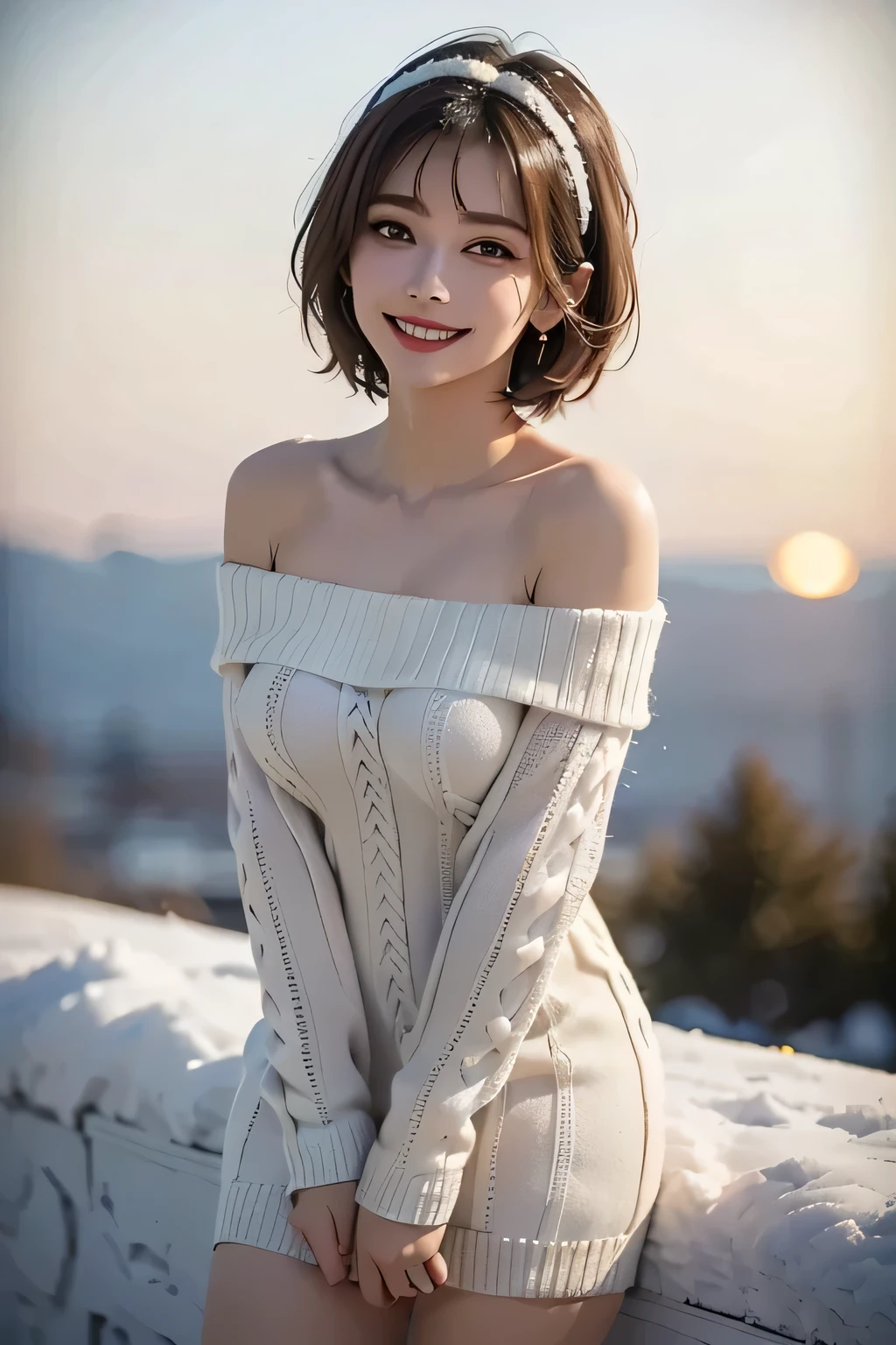 (The contrast of light and shadow、It makes the subject appear three-dimensional),(((Sunset background))),(((Standing on a snowy mountain in winter:1.3))),1 Beauty,4,Detailed face,double eyelid,Long eyelashes,Grin,Beautiful teeth alignment,blush,Red lips,(((Off-white off-the-shoulder knit jumper dress:1.3))),Black Stockings,Knee-high boots,(Floral knit headband,Pixie Cut),Hair Accessories,(((Accentuate your bust:1.3))),Detailed characteristics of the clothing item,Detailed characteristics of hair,Features of the detailed face,(Dynamic Angle),(Dynamic and sexy pose),Professional Lighting,Cinematic Light,(masterpiece,Best Quality,Ultra-high resolution,Realistic) ,(8K quality,Written boundary depth,Anatomically correct facial structure,),(3D Real Photo:1.3)