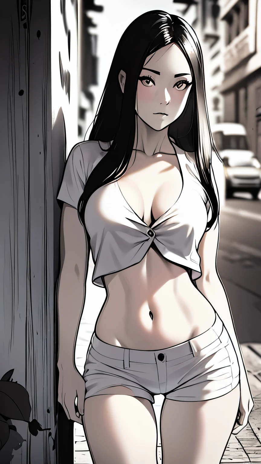 Line draw. Black and white high contrast. full body, long_hair, gorgeous, city girl, (thin and slender). neckline, western, (unbuttoned white shirt), (short_shorts). Hips and groin showing. slim legs. (Cameltoe:1.1). hot girl, posing seductively leaning on a wall in an ancient city street, (masterpiece), Best quality, high resolution, extremely detailed, blurred background, depth of field, cinematic lighting,