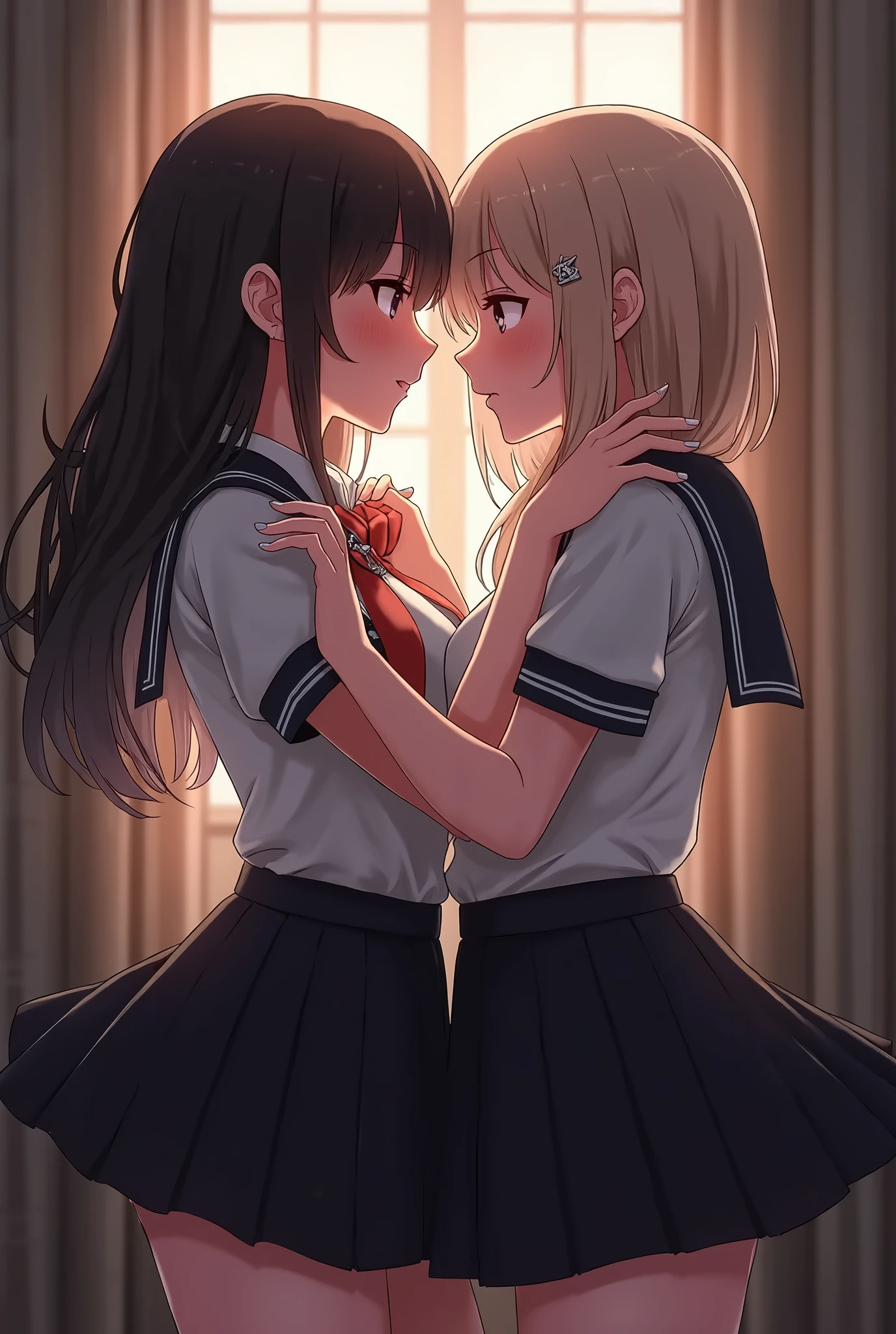 Two beautiful girls kiss on the mouth and face, Multiple girls, 2girls, Yuri, School uniform, Closed eyes, kiss, Skirt, white sailor collar, blush, Ponytail, serafuku, thighs thighs thighs thighs, Pleated skirt, Sailor collar, Long hair, red neckerchief, Blue skirt, neckerchief