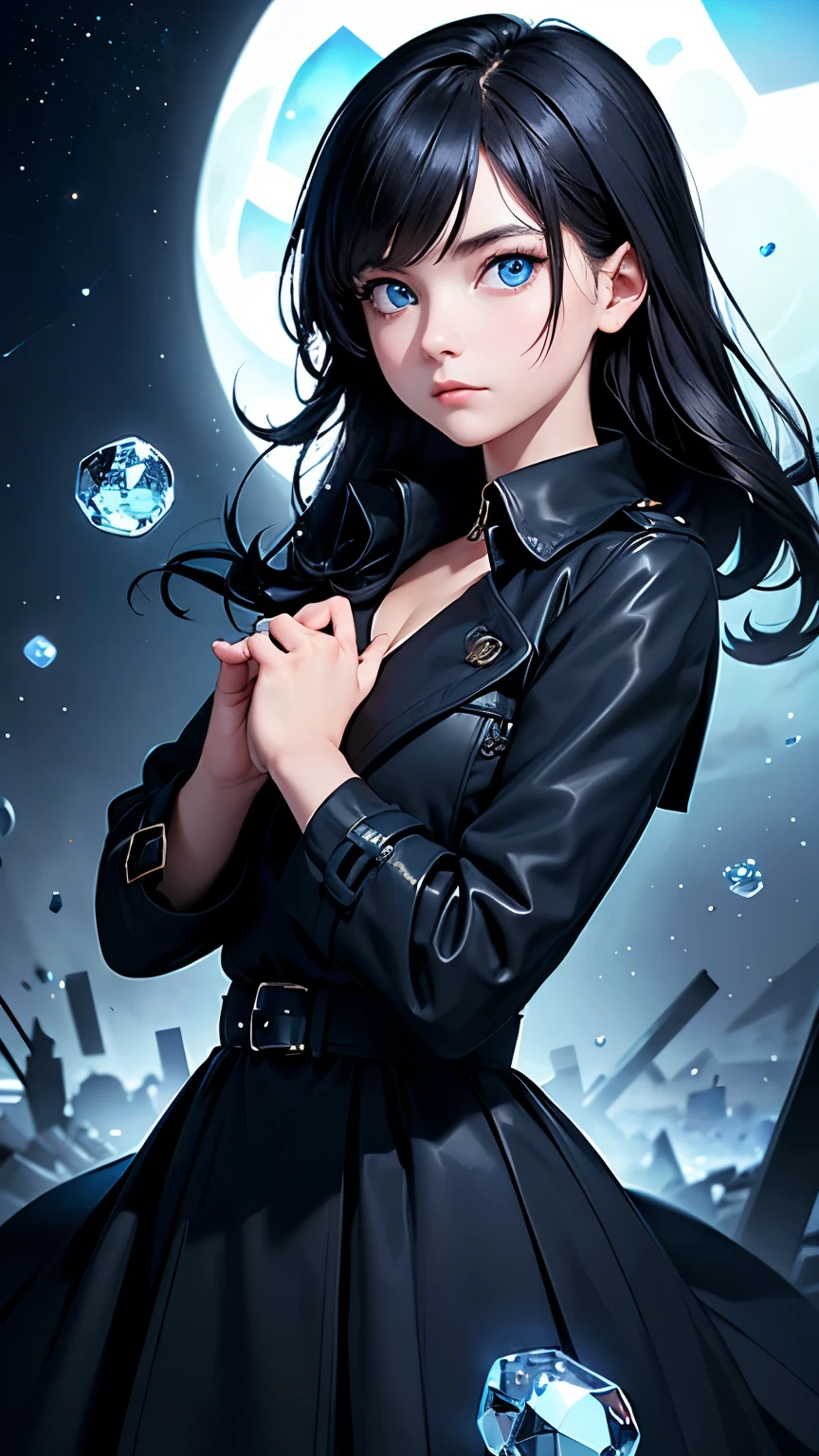 (best quality, masterpiece),(1girl, trench coat,expression face, blue eyes, looking at viewer, black hair, closed mouth, dress shirt, black skirt, hand at viewer), (less blue light, swrling many blue glass pieces behind, floating objects, night sky)