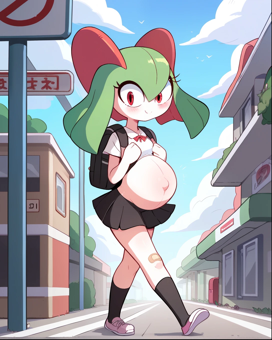 score_9, score_8_up, 1girl, kirlia, happy, full body, outdoors, human proportions, looking at viewer, by diives, pregnant, pregnancy, shy smile, mirada tranquila, tranquila, walking, bench, bus stop, street, street, stores, hands on belly, , black skirt, short skirt, ((anime school uniform)), shy, shame expression, shy, blush, embarrassed expression. Back pack, backpack on the floor, mochila en el suelo, fetal movement, kicks in belly, kicks, fetal kick, kick on belly, baby kicking, solo, 1girl.