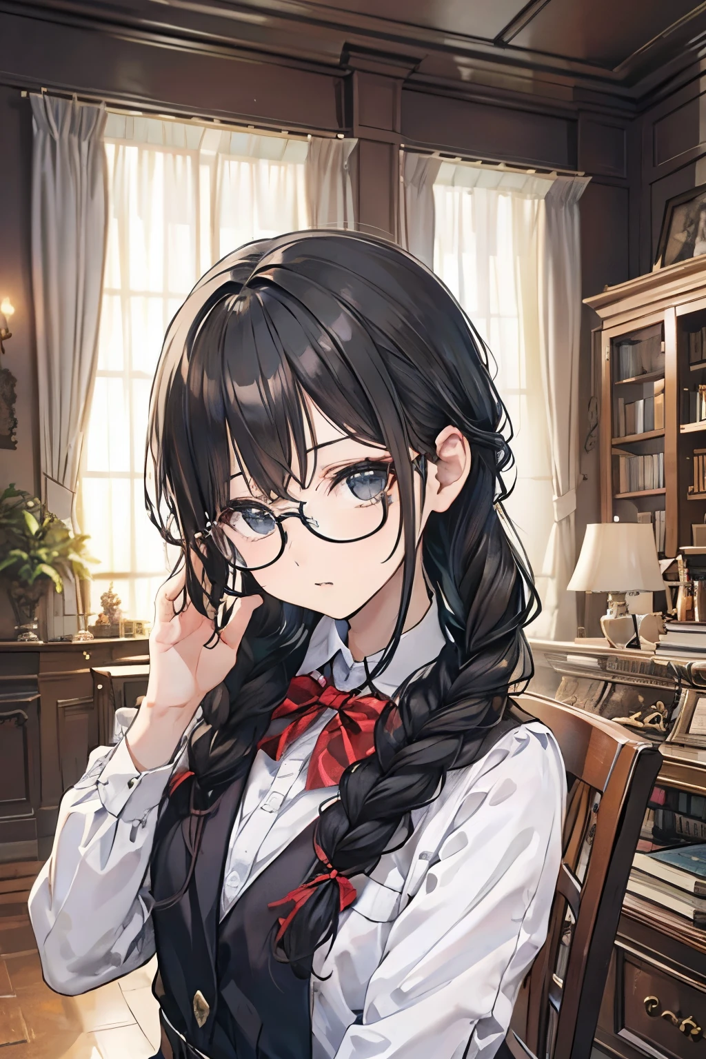 Black Hair、((Braids、Braids))、(Black-rimmed glasses)、Tsundere、library、((Slanted Eyes))、One Girl,Character portraits, Black Eyes、Literary Girl、Black-rimmed glasses、Mansion、indoor、flower、window、curtain、、Petite