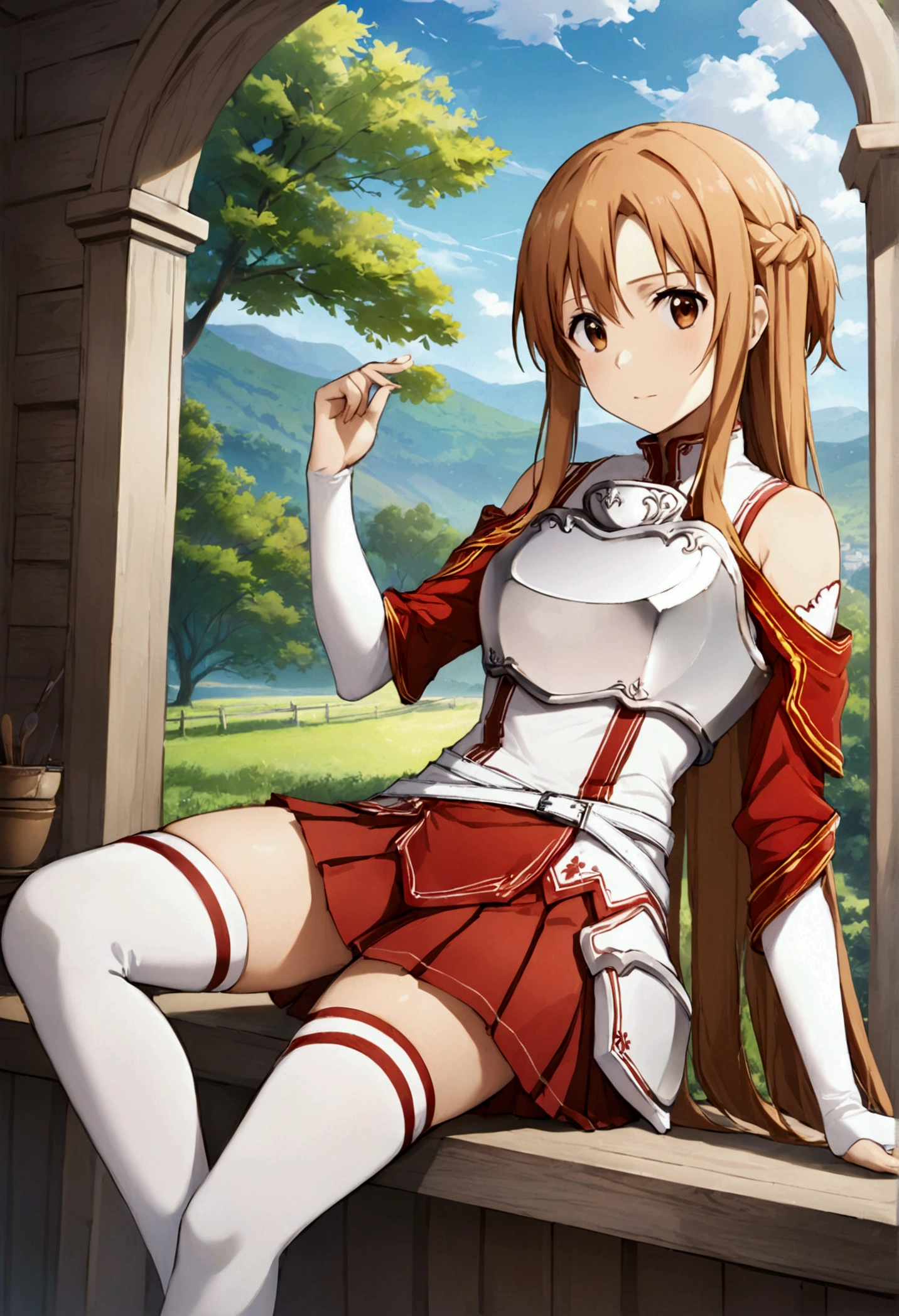 Yuuki Asuna, Yuuki Asuna SAO costume、White Armor、White breastplate、Red pleated skirt、White isolated sleeve、Bare shoulders、White thigh-high socks, Best Quality、unity 8k wallpaper、32K、Very detailed、Ultra-high resolution、Very detailedな顔、RAW Photos、professional、Ultra-fine painting, Anime Art