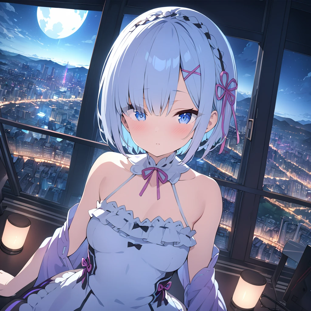 warm color,city and night,up_view,HDR, UHD, studio lighting,best quality, 4k, 8k, highres, masterpiece:1.2), ultra-detailed,1 girl,Rem from Re:zero.