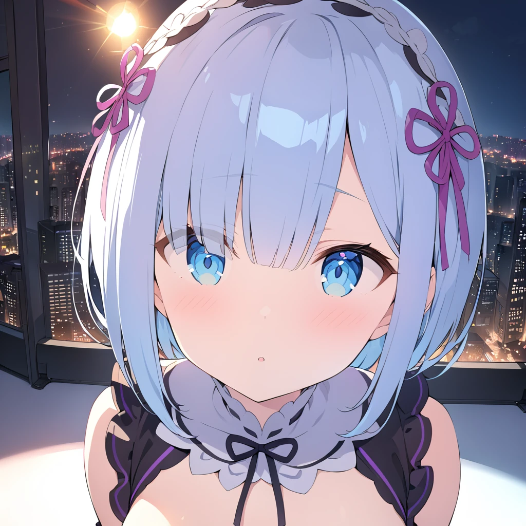 warm color,city and night,up_view,HDR, UHD, studio lighting,best quality, 4k, 8k, highres, masterpiece:1.2), ultra-detailed,1 girl,Rem from Re:zero.