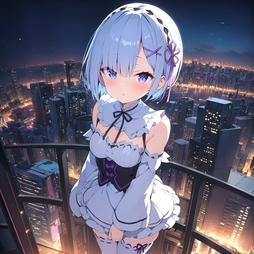 warm color,city and night,up_view,HDR, UHD, studio lighting,best quality, 4k, 8k, highres, masterpiece:1.2), ultra-detailed,1 girl,Rem from Re:zero.