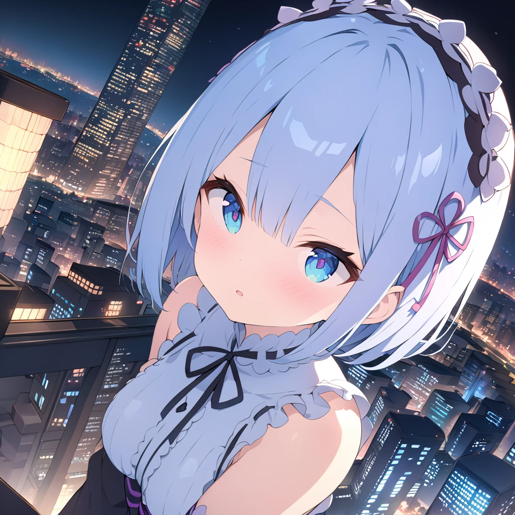 warm color,city and night,up_view,HDR, UHD, studio lighting,best quality, 4k, 8k, highres, masterpiece:1.2), ultra-detailed,1 girl,Rem from Re:zero.