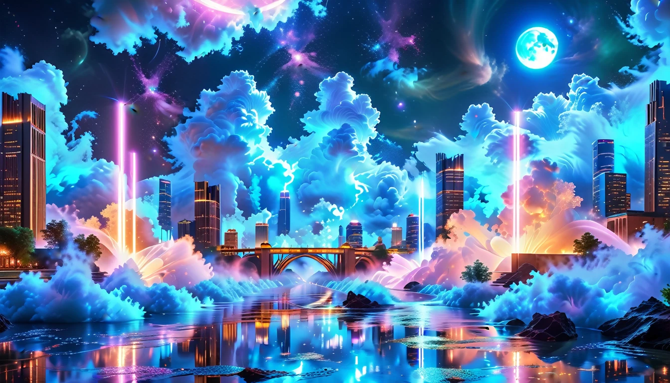 A Masterpiece In 32K Resolution, Supreme Quality, Super Detail, Official Art, Very High-Resolution 32K Wallpaper, Beautiful And Aesthetic, Ultra-Detailed Features, Awe-Inspiring Detail. An Enchanted Moonlit City-Towers Glitter Under The Light Of The Full Moon As Iridescent Rivers Flow Through The Streets, Cascading Into A Luminous Fountain. Nebula-Like Clouds Drift Above, And The Entire City Glows With A Bioluminescent Radiance, Framed By Stunning Galactic Vistas.