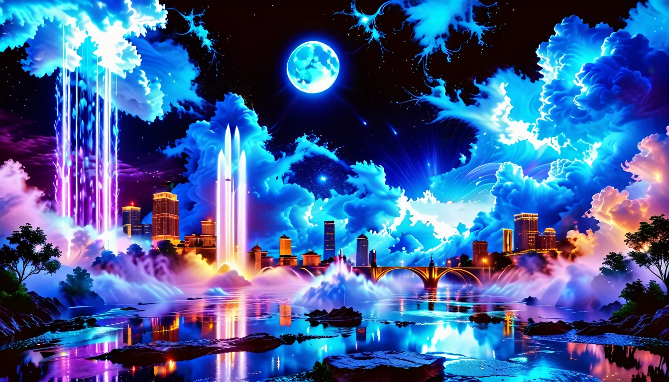 A Masterpiece In 32K Resolution, Supreme Quality, Super Detail, Official Art, Very High-Resolution 32K Wallpaper, Beautiful And Aesthetic, Ultra-Detailed Features, Awe-Inspiring Detail. An Enchanted Moonlit City-Towers Glitter Under The Light Of The Full Moon As Iridescent Rivers Flow Through The Streets, Cascading Into A Luminous Fountain. Nebula-Like Clouds Drift Above, And The Entire City Glows With A Bioluminescent Radiance, Framed By Stunning Galactic Vistas.