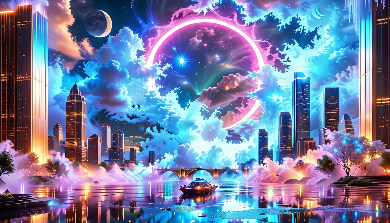 A Masterpiece In 32K Resolution, Supreme Quality, Super Detail, Official Art, Very High-Resolution 32K Wallpaper, Beautiful And Aesthetic, Ultra-Detailed Features, Awe-Inspiring Detail. An Enchanted Moonlit City-Towers Glitter Under The Light Of The Full Moon As Iridescent Rivers Flow Through The Streets, Cascading Into A Luminous Fountain. Nebula-Like Clouds Drift Above, And The Entire City Glows With A Bioluminescent Radiance, Framed By Stunning Galactic Vistas.