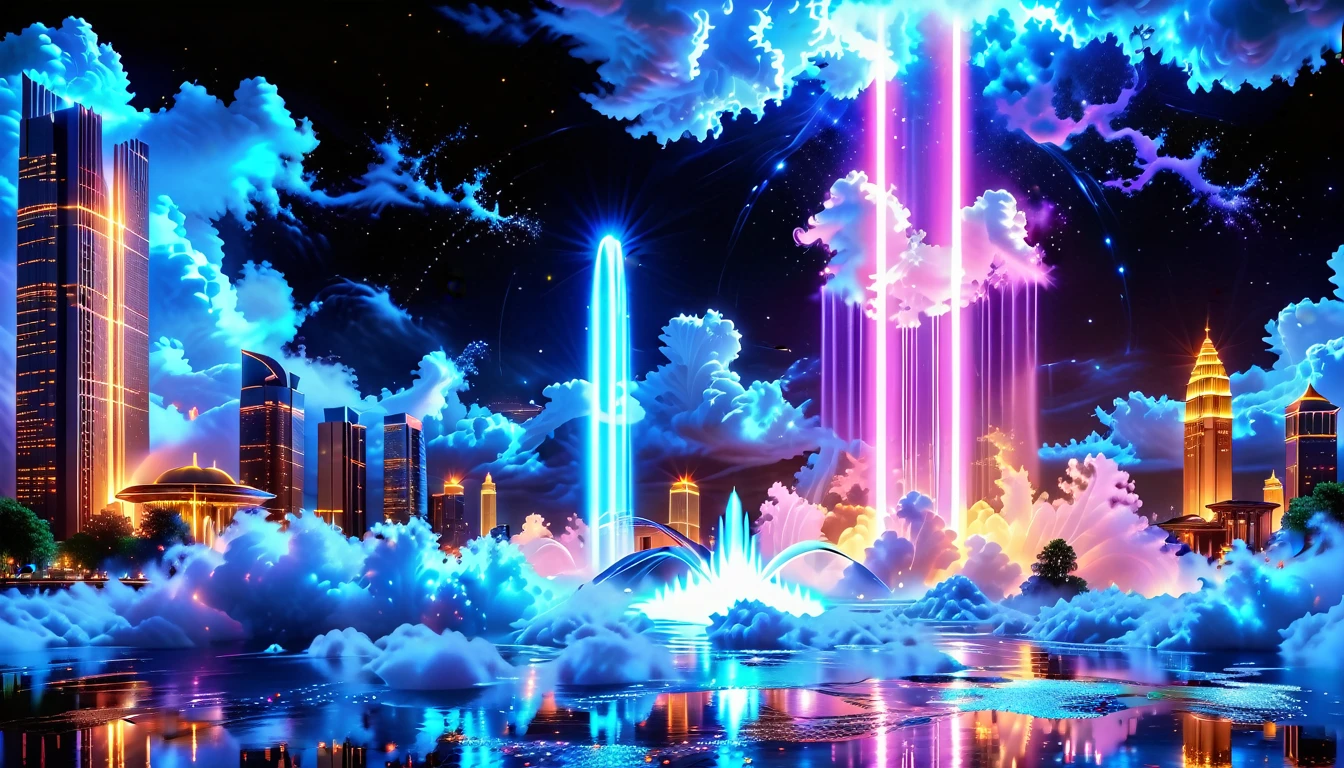 A Masterpiece In 32K Resolution, Supreme Quality, Super Detail, Official Art, Very High-Resolution 32K Wallpaper, Beautiful And Aesthetic, Ultra-Detailed Features, Awe-Inspiring Detail. An Enchanted Moonlit City-Towers Glitter Under The Light Of The Full Moon As Iridescent Rivers Flow Through The Streets, Cascading Into A Luminous Fountain. Nebula-Like Clouds Drift Above, And The Entire City Glows With A Bioluminescent Radiance, Framed By Stunning Galactic Vistas.