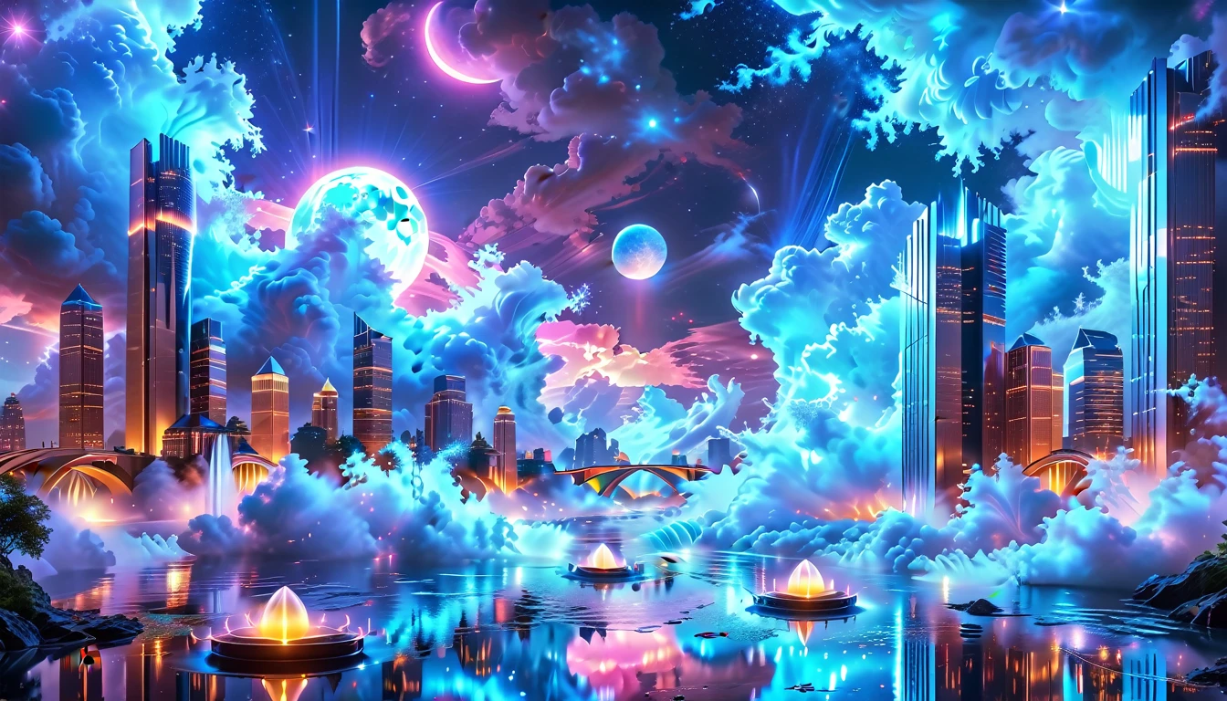 A Masterpiece In 32K Resolution, Supreme Quality, Super Detail, Official Art, Very High-Resolution 32K Wallpaper, Beautiful And Aesthetic, Ultra-Detailed Features, Awe-Inspiring Detail. An Enchanted Moonlit City-Towers Glitter Under The Light Of The Full Moon As Iridescent Rivers Flow Through The Streets, Cascading Into A Luminous Fountain. Nebula-Like Clouds Drift Above, And The Entire City Glows With A Bioluminescent Radiance, Framed By Stunning Galactic Vistas.