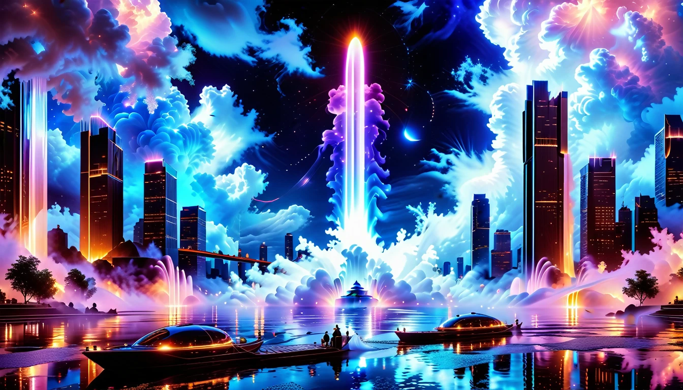 A Masterpiece In 32K Resolution, Supreme Quality, Super Detail, Official Art, Very High-Resolution 32K Wallpaper, Beautiful And Aesthetic, Ultra-Detailed Features, Awe-Inspiring Detail. An Enchanted Moonlit City-Towers Glitter Under The Light Of The Full Moon As Iridescent Rivers Flow Through The Streets, Cascading Into A Luminous Fountain. Nebula-Like Clouds Drift Above, And The Entire City Glows With A Bioluminescent Radiance, Framed By Stunning Galactic Vistas.