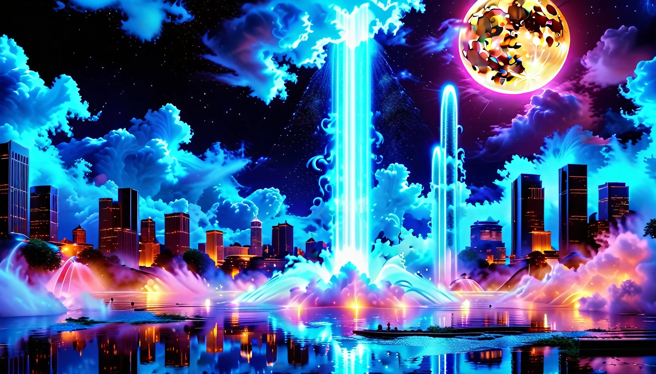 A Masterpiece In 32K Resolution, Supreme Quality, Super Detail, Official Art, Very High-Resolution 32K Wallpaper, Beautiful And Aesthetic, Ultra-Detailed Features, Awe-Inspiring Detail. An Enchanted Moonlit City-Towers Glitter Under The Light Of The Full Moon As Iridescent Rivers Flow Through The Streets, Cascading Into A Luminous Fountain. Nebula-Like Clouds Drift Above, And The Entire City Glows With A Bioluminescent Radiance, Framed By Stunning Galactic Vistas.