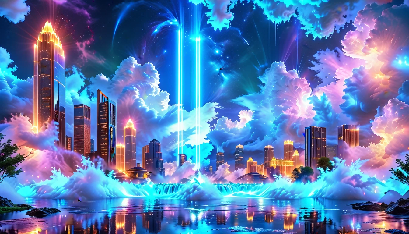 A Masterpiece In 32K Resolution, Supreme Quality, Super Detail, Official Art, Very High-Resolution 32K Wallpaper, Beautiful And Aesthetic, Ultra-Detailed Features, Awe-Inspiring Detail. An Enchanted Moonlit City-Towers Glitter Under The Light Of The Full Moon As Iridescent Rivers Flow Through The Streets, Cascading Into A Luminous Fountain. Nebula-Like Clouds Drift Above, And The Entire City Glows With A Bioluminescent Radiance, Framed By Stunning Galactic Vistas.