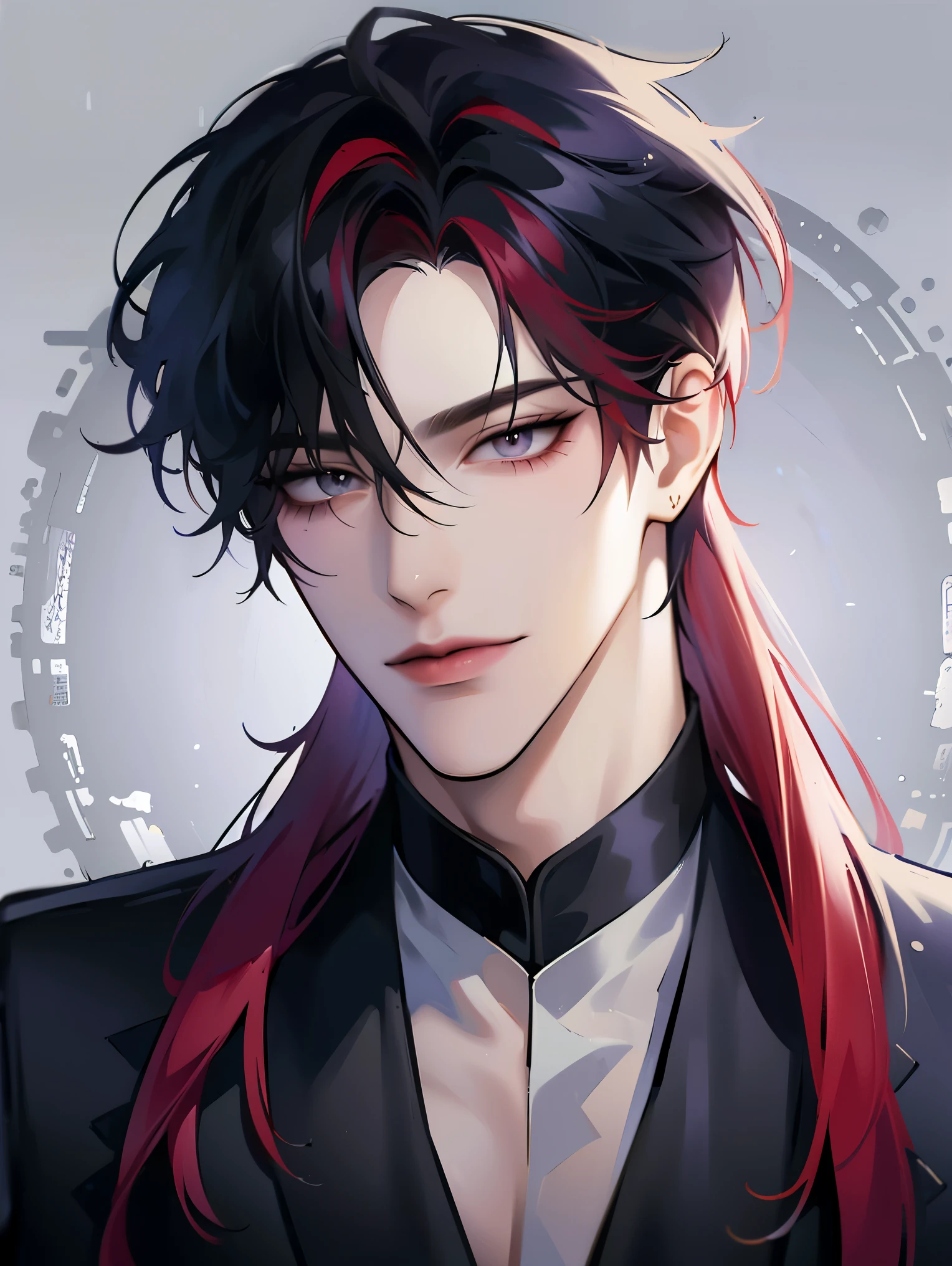 (masterpiece, 8k, high quality, best quality:1.6), 1boy, solo, long hair, white and red hair, asymmetrical fringe, black eyes, handsome, sharp eyes, (mature male, mature:1.2), male focus, fashionable, tucked in open purple collared shirt, necklace, indoors, castle, dark blue wallpaper, close up, smile, long eyelashes, soft shadows, perfect anatomy