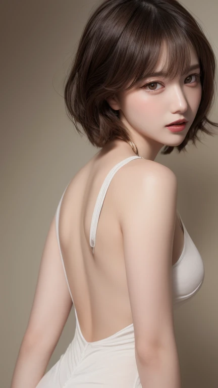 Short hair fair skin disheveled hair Japan woman, super cute, 14yo, soft and face, red hair, 8K resolution, ultra realistic, super definition, soft body , A cup small breasts ((highest definition, 8k, masterpiece: 1.3)), super definition face, super definition lips, fine eyes, double eyelids, bust shot,
