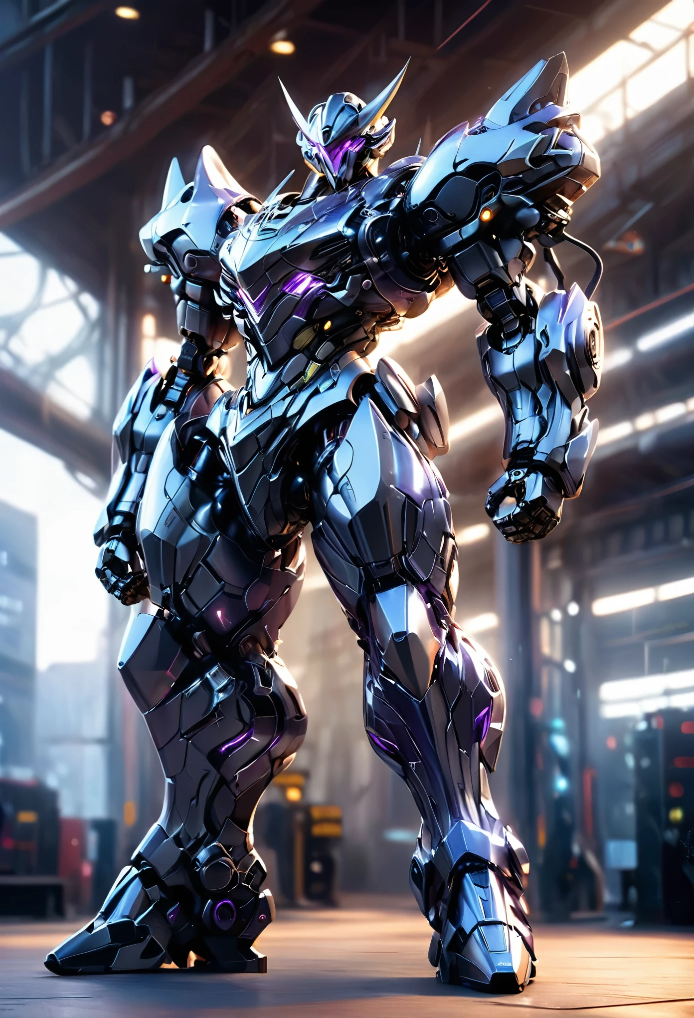 1 black mecha snake, highly detailed, hyper realistic, purple accents, cinematic lighting, photorealistic, 8k, best quality, intricate gears and machinery, powerful pose, glowing eyes, shiny metallic surfaces, dramatic shadows, depth of field, elegant design, dynamic composition, full body