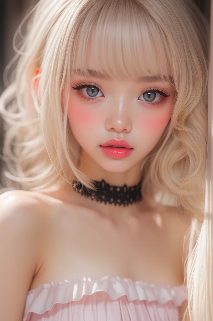 (detailed), studio lighting, hyper detailed, realistic portrait, Perfect Face.1 teenage girl, 、Blue eyes with well-defined double eyelids and long eyelashes, in the white girly dressroom backdrop, realistic face, detailed skin, Blonde long bob hair with pink ends 、bangs covering forehead, extremely detailed lips, large mouth, full, plump, glossy light pink lips, natural-looking makeup, transparent lip gloss, with off-shoulder tops, photorealistic, ((Best Quality)), ((masterpiece)), high quality, 8k, masterpiece