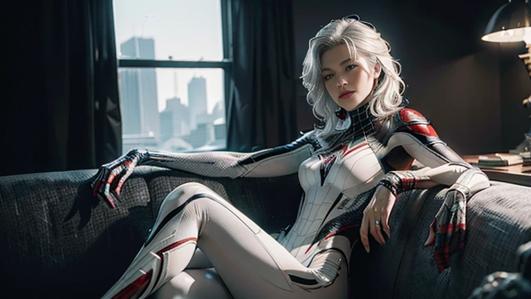 (Extreme detail CG Unity 8K wallpaper, ​masterpiece, highest quality), (Exquisite light and shadow effects, Highly dramatic picture, Cinema lens effect), a girl in a white Spider-Man costume, silver grey hair colour, from the Spider-Man parallel universe, Wenger, wonder, Spider-Man, sitting on couch, dynamic pose), (Excellent details, Excellent lighting, wide angle), (Excellent playback, enough, to stand out in his class), Focus on white Spider-Man costumes, Complex spider textures