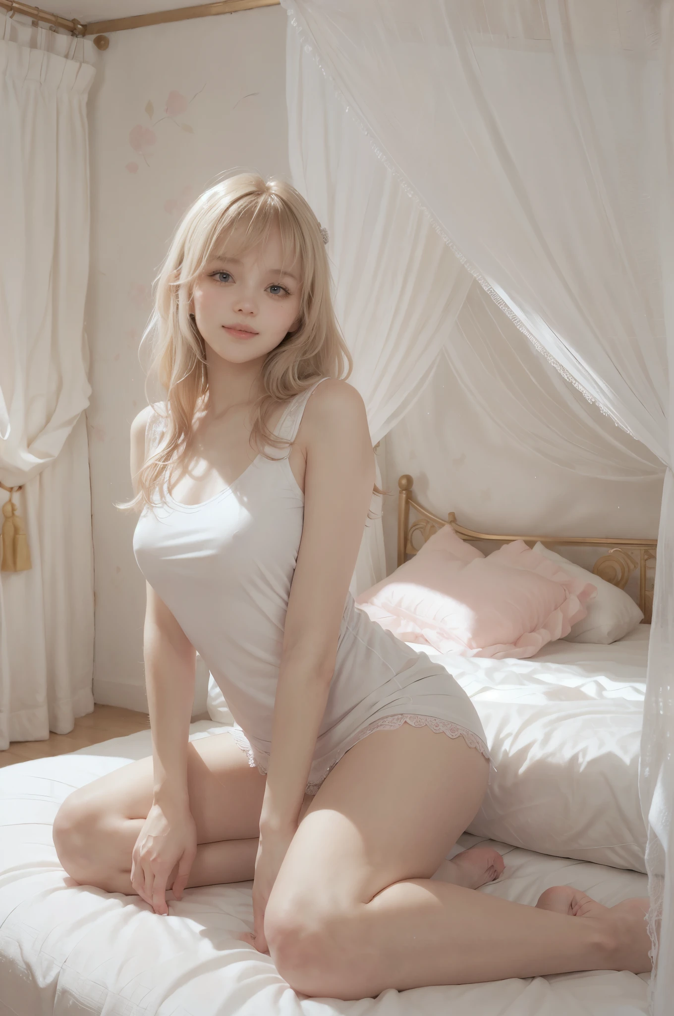 photo of mariya with long blonde hair, bang, (petite:1.4), wearing (white jersey:1.3), sitting on bed in a cute girly bedroom adorned with pastel hues and playful decor. The walls are painted in soft pinks or lavender, with a delicate floral or heart-patterned wallpaper as an accent. A canopy bed with sheer, flowy curtains creates a dreamy atmosphere. Plush stuffed animals and fluffy throw pillows in various shades of pink adorn the bed,
realistic, photorealistic,
High quality, RAW photograph, detailed background, intricate, highly detailed, sharp focus, high resolution, 8k, uhd, dslr, realistic eyes, perfect eyes,