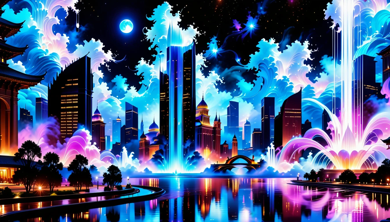 A Masterpiece In 32K Resolution, Supreme Quality, Super Detail, Official Art, Very High-Resolution 32K Wallpaper, Beautiful And Aesthetic, Ultra-Detailed Features, Awe-Inspiring Detail. An Enchanted Moonlit City-Towers Glitter Under The Light Of The Full Moon As Iridescent Rivers Flow Through The Streets, Cascading Into A Luminous Fountain. Nebula-Like Clouds Drift Above, And The Entire City Glows With A Bioluminescent Radiance, Framed By Stunning Galactic Vistas.