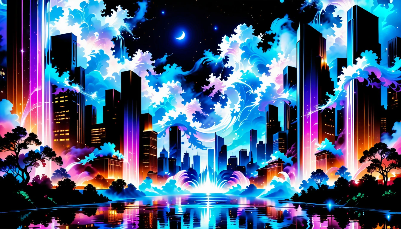 A Masterpiece In 32K Resolution, Supreme Quality, Super Detail, Official Art, Very High-Resolution 32K Wallpaper, Beautiful And Aesthetic, Ultra-Detailed Features, Awe-Inspiring Detail. An Enchanted Moonlit City-Towers Glitter Under The Light Of The Full Moon As Iridescent Rivers Flow Through The Streets, Cascading Into A Luminous Fountain. Nebula-Like Clouds Drift Above, And The Entire City Glows With A Bioluminescent Radiance, Framed By Stunning Galactic Vistas.