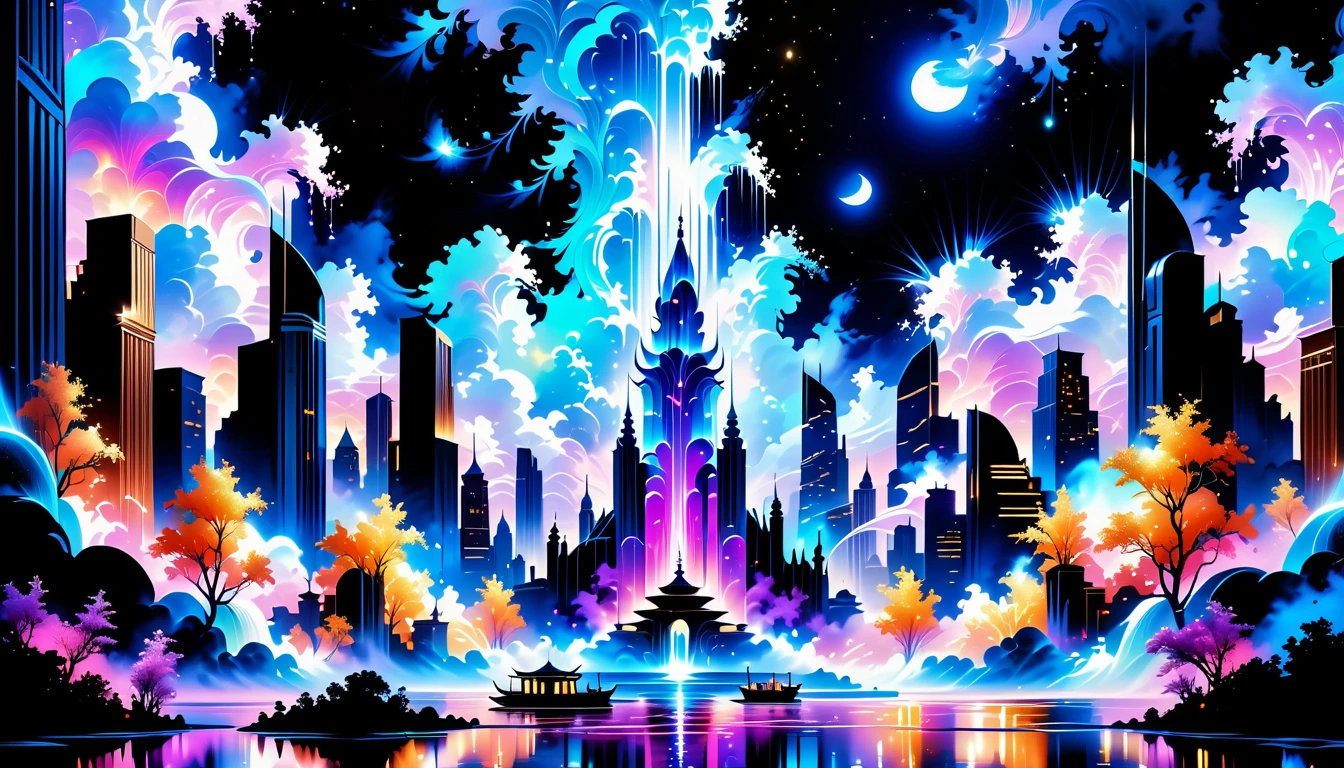 A Masterpiece In 32K Resolution, Supreme Quality, Super Detail, Official Art, Very High-Resolution 32K Wallpaper, Beautiful And Aesthetic, Ultra-Detailed Features, Awe-Inspiring Detail. An Enchanted Moonlit City-Towers Glitter Under The Light Of The Full Moon As Iridescent Rivers Flow Through The Streets, Cascading Into A Luminous Fountain. Nebula-Like Clouds Drift Above, And The Entire City Glows With A Bioluminescent Radiance, Framed By Stunning Galactic Vistas.