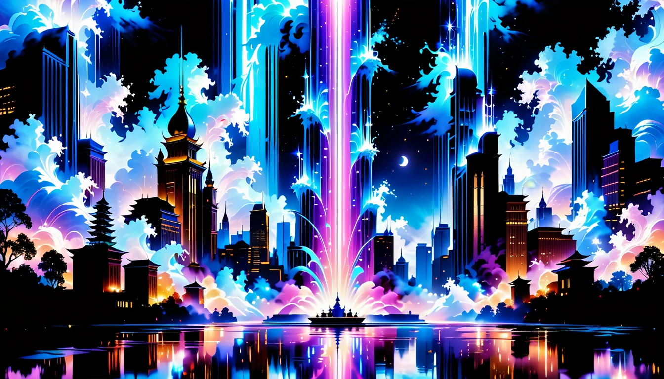 A Masterpiece In 32K Resolution, Supreme Quality, Super Detail, Official Art, Very High-Resolution 32K Wallpaper, Beautiful And Aesthetic, Ultra-Detailed Features, Awe-Inspiring Detail. An Enchanted Moonlit City-Towers Glitter Under The Light Of The Full Moon As Iridescent Rivers Flow Through The Streets, Cascading Into A Luminous Fountain. Nebula-Like Clouds Drift Above, And The Entire City Glows With A Bioluminescent Radiance, Framed By Stunning Galactic Vistas.