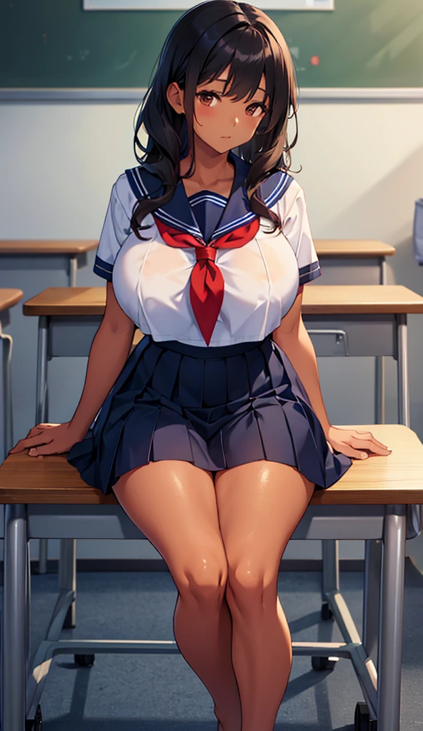 (4K), (best quality), (Best detail), school girl, black red sailor uniform , sexy body, big breasts, big hips, curvy body, shiny skin, mini pleated skirt, stockings, cleavage, blushing, long black hair, red eyes, high heels, (full body), classroom, showing vagina, legs open