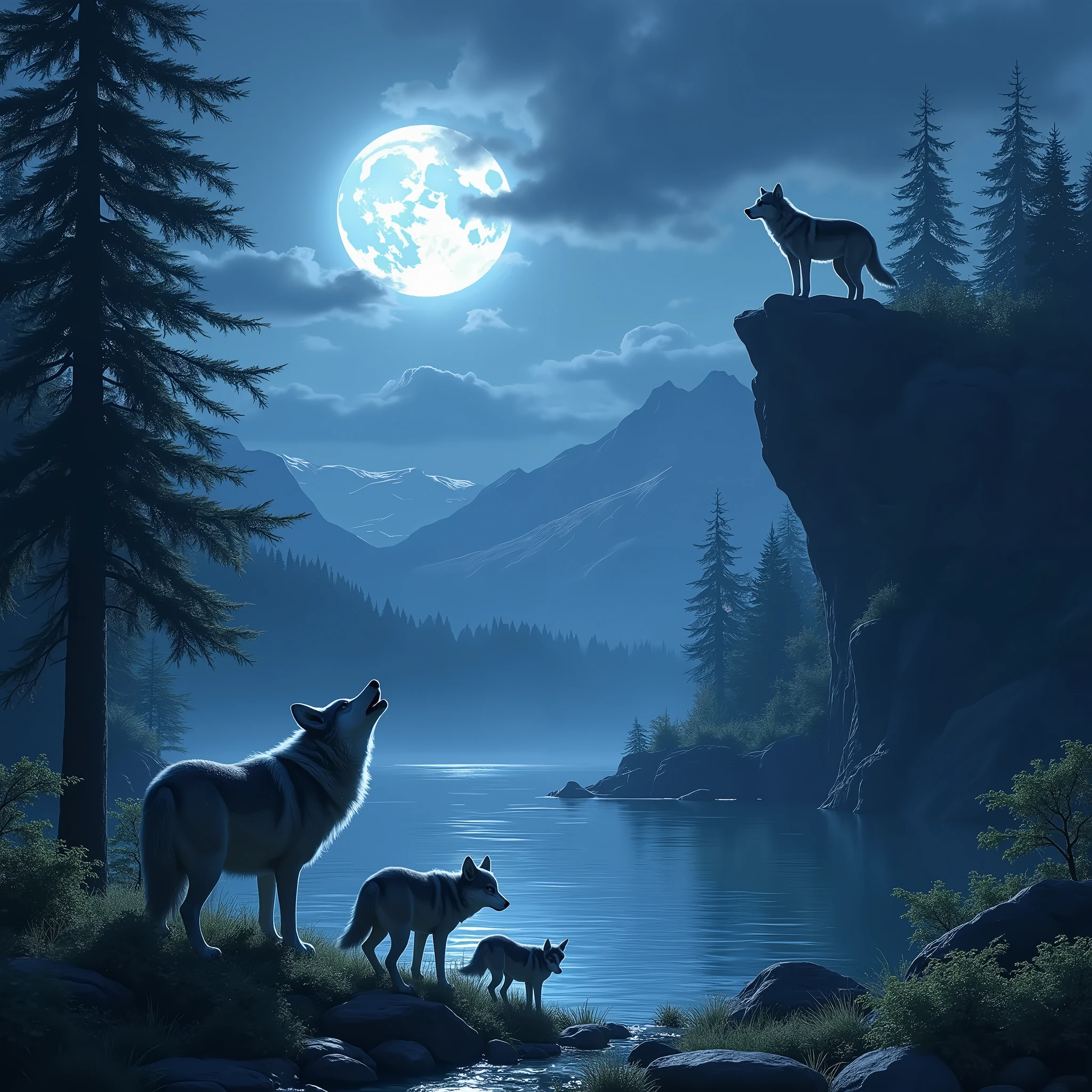 There are three wolfs standing on a cliff by the water - SeaArt AI