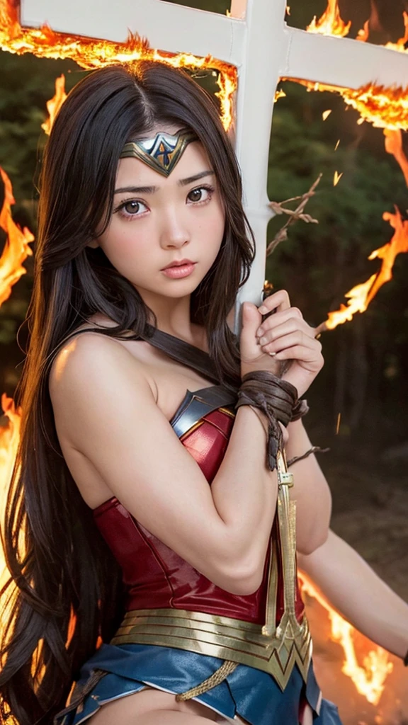 Japanese、cute wonder woman。 Brown Hair、Straight Hair、Masterpiece、Beautiful Girl、Beautiful Eyes、Swollen eyes、Best Quality、超High resolution、Cinema Lighting、so beautiful、The perfect Wonder Woman cosplay。so beautiful。 Japanese、teen-ager、cute、Beautiful white skin、(High resolution)、(Very detailed)、(Beautiful and magnificent eyes)、(Very detailed)、Muscular

{(((cute、cute:1.5))) 、One Girl、alone、High resolution、最High image quality、Anatomically correct、masterpiece、超High resolution、Texture skin、High image quality、High resolutionモデル、Very detailed、Sony FE GM、Sony FE、NIKON、Fujifilm、Japanese、(((Draw the whole body))) 、((Head to toe drawing)) 、((forest、waterfall)) ) 、 (((Endure the pain))) }、(((Tied to the cross:1.5)))、(((Burning at the stake、Engulfed in flames、Costumes burn:1.5)))、Both armpits are visible、collapse to one&#39;s knees、Tied to the cross、stone punishment