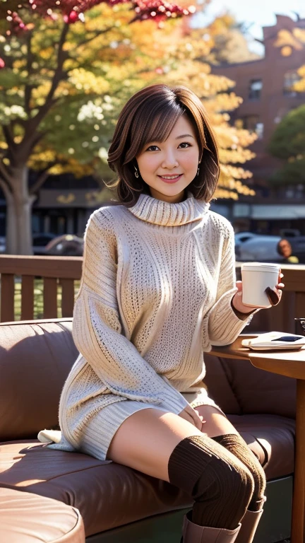 (High image quality、8k、32K、masterpiece:1.3)、Ultra-high resolution,(Realistic:1.4),RAW Photos,Stunningly beautiful、Japanese Wife、4、Exceptional transparency、Beautiful body, detailed face,,Beautiful Hair ,Very short hair 、Stunningly beautiful二重まぶた、 Long Hair、Natural Makeup, Small and perfect breasts,、Detailed Background, perfect lighting, Written boundary depth, Beautiful shadow gradation、Thin limbs、Thin thighs、(whole body:1.3)、((Turtleneck sweater、Elegant winter clothes、Long boots:1.3))、Autumn cityscape、((Open Cafe、Cafe table and stylish chairs、coffee、Working on a laptop))、Beautiful slim and perfect body、Beautiful tall nose、Landscape、Ring on left ring finger
