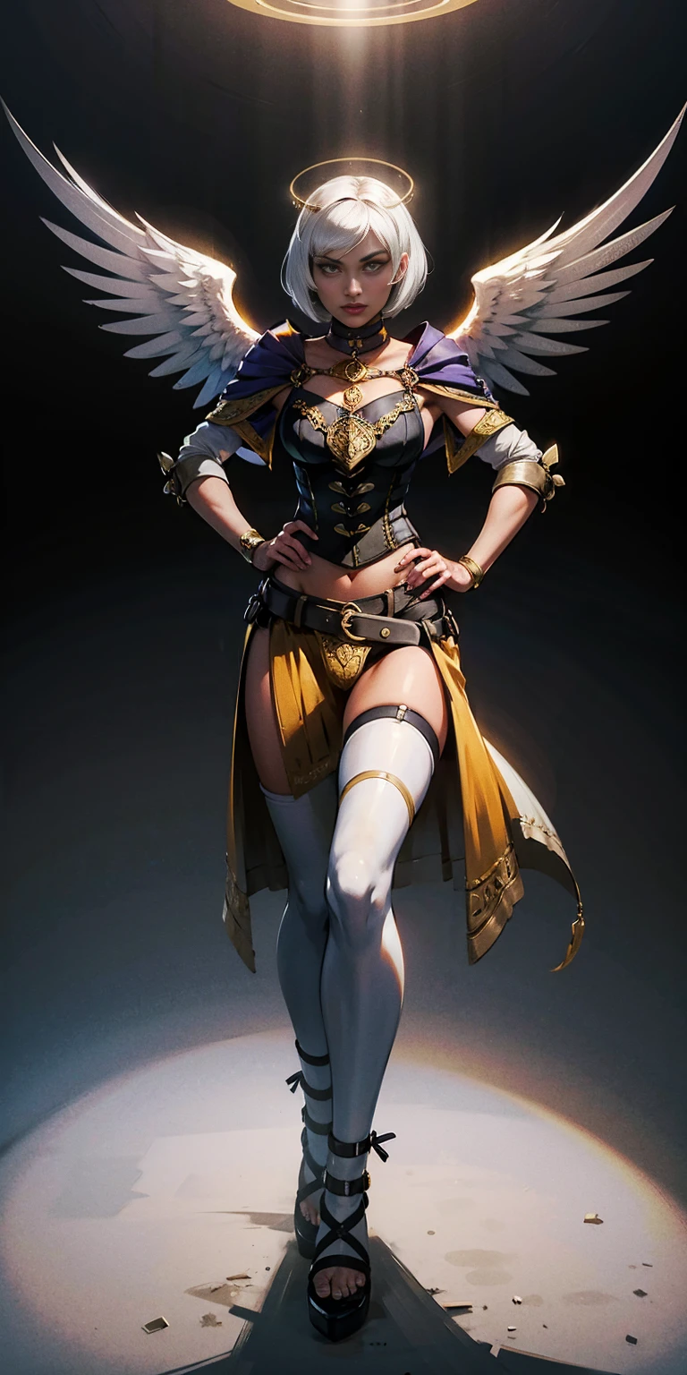 (Black background) paladin lady in ornate golden armor, black collar, pauldrons, breastplate, leather corset, glowing halo, short bob hair style, yellow glowing eyes, bright pupils, eye focus, red cape (full body, whole body, 1solo girl) slave fighter, loincloth standing, hands on hips, metal sandals, leather choker, big belt, view from below, feet together, bracers, tiara) feathers angel wings