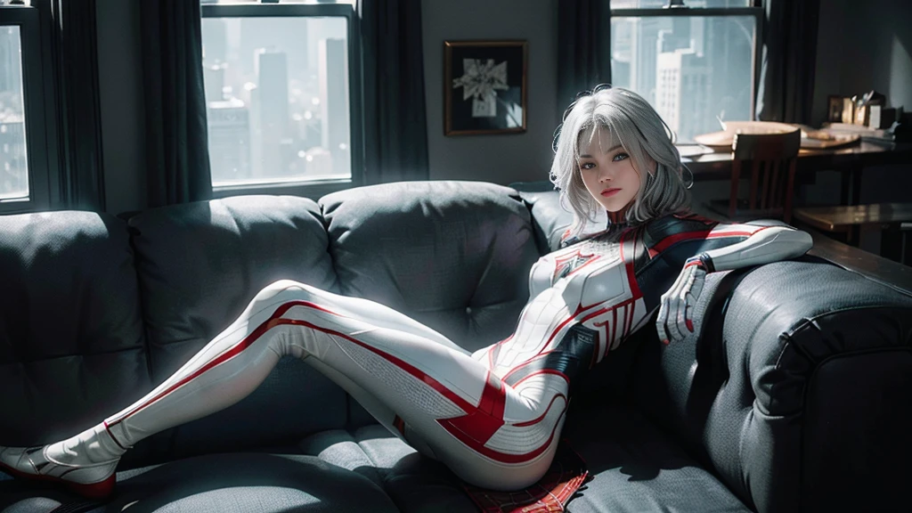 (Extreme Detail CG Unity 8K wallpaper, masterpiece, highest quality), (exquisite lighting and shadow, highly dramatic picture, cinematic lens effect), a girl in a white Spider-Man costume, silver-gray hair color, from the Spider-Man parallel universe, Wenger, Marvel, Spider-Man, sitting on the couch, dynamic pose), (excellent detail, outstanding lighting, wide angle), (excellent rendering, enough to stand out in its class), focus on white Spider-Man costumes, complex spider textures, Perfect composition