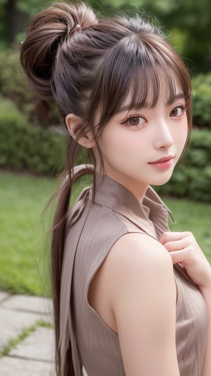 One piece with collar,outdoors,Urban Park,On the lawn,Ultra-detailed, finely detail, hight resolution, 8K Wallpaper, Perfect dynamic composition, Beautiful detailed eyes,Outdoor,Close-up of face,Outdoor,Blushing,Facing forward,,Long hair ponytail,((8k, Raw photo, Best Quality, Mastepiece:1.2), (Realism, Photorealistic:1.4), (Highly detailed 8K wallpapers), Depth of written boundary, Cinematic Lighting, Soft Light, Detailed Beauty Eye,Shiny and smooth light brown ponytail, Asymmetrical bangs, Shiny skin, Ultra-detailed skins ,It is high resolution., High detail, Detailed hairstyle, Detailed facial beauty, Hyper-realistic, Perfect limbs, Perfect Anatomy ,1 Japanese girl,Famous Japanese Idols, Perfect female body,A shy smile,Short eyelashes,Double-edged eyelids,Look straight here,Hair style: ponytail,